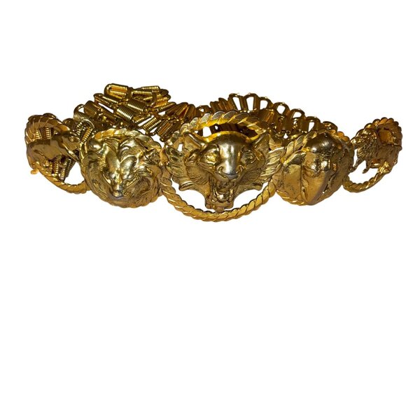 Vintage Womens Chain Belt One Size Metal Tiger Lion Elephant Head Waist Hip Rare - Picture 6 of 16